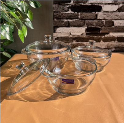 Set of 3 Round Tempered Glass Bakeware Bowls with Lids
