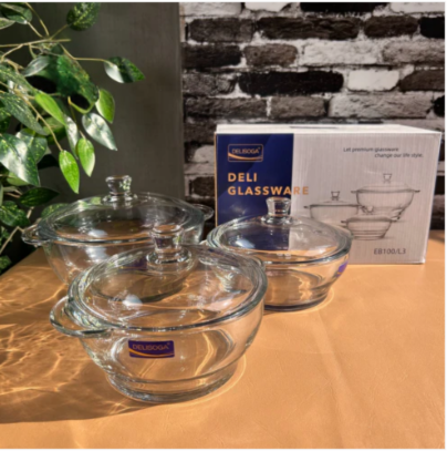 Set of 3 Round Tempered Glass Bakeware Bowls with Lids